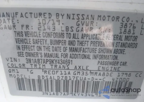 2019 Nissan Sentra Sv from USA, damaged, VIN 3N1AB7AP9KY434691